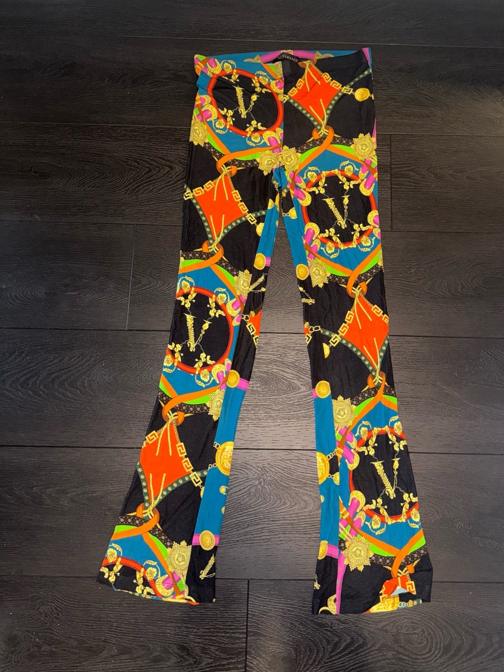 Versace Black Leggings with Orange, Teal, Pink & Gold Chain Print
